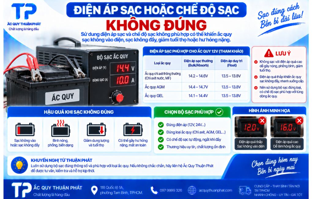 Điện áp hoặc chế độ sạc không đúng