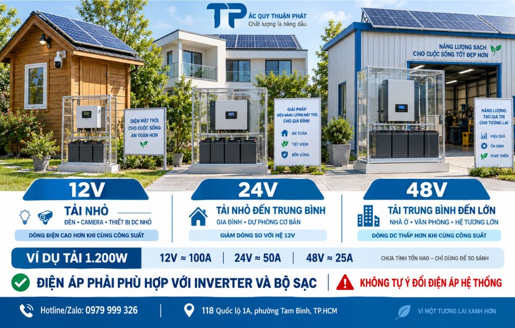 Điện áp phải phù hợp với Inverter và bộ sạc