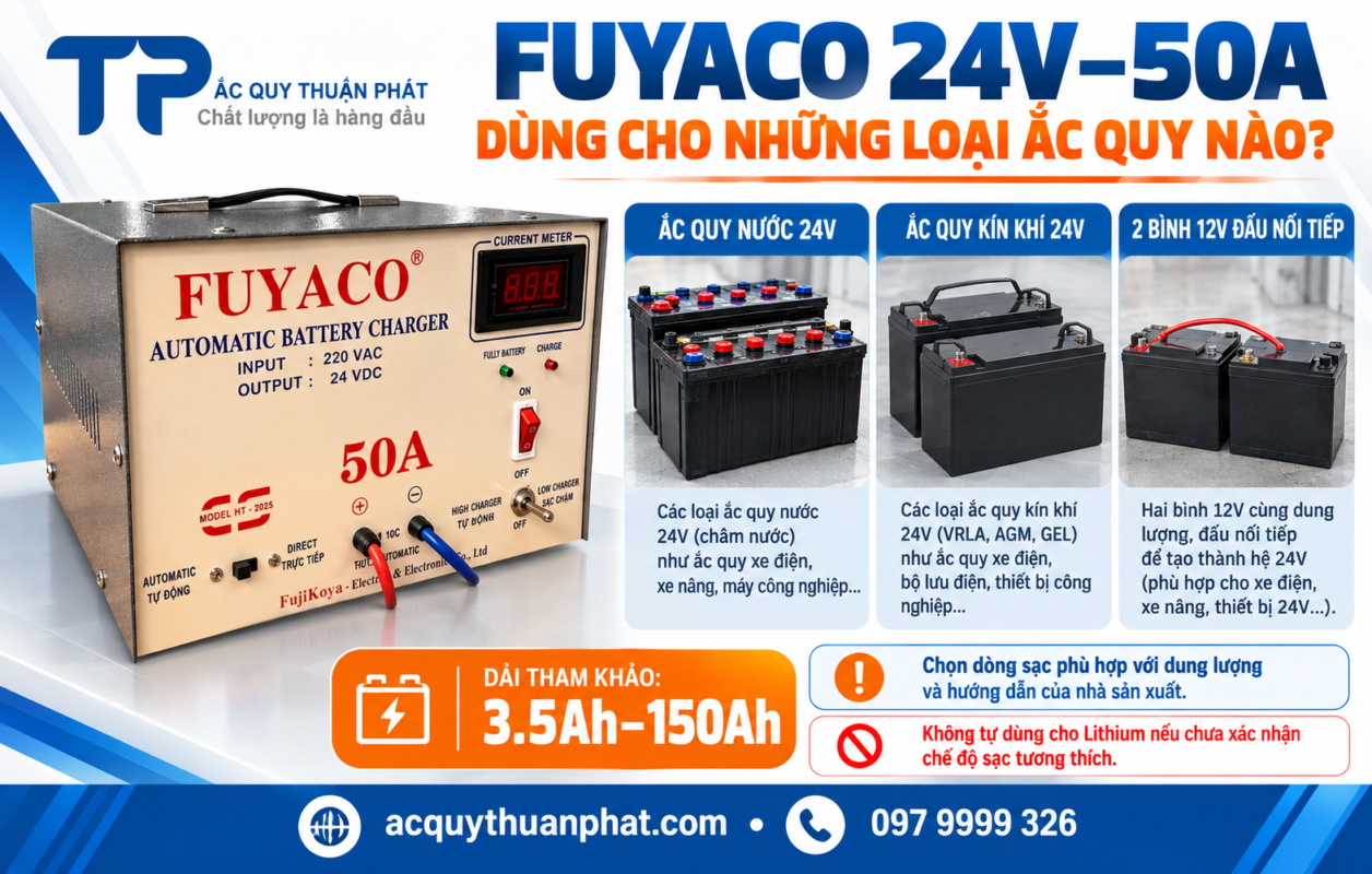 Fuyaco 24V - 50A dùng cho những ắc quy nào