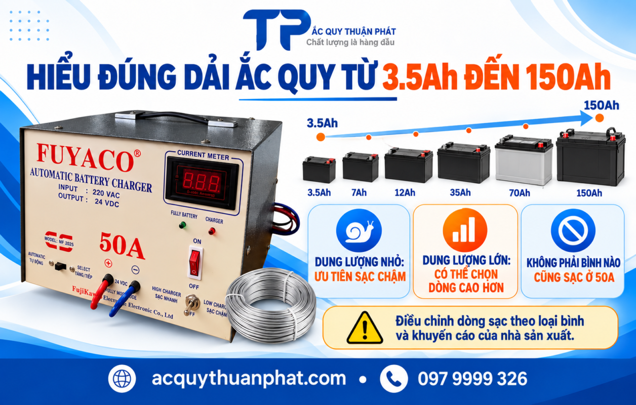 Hiểu dùng dải ắc quy từ 3.5AH đến 150AH