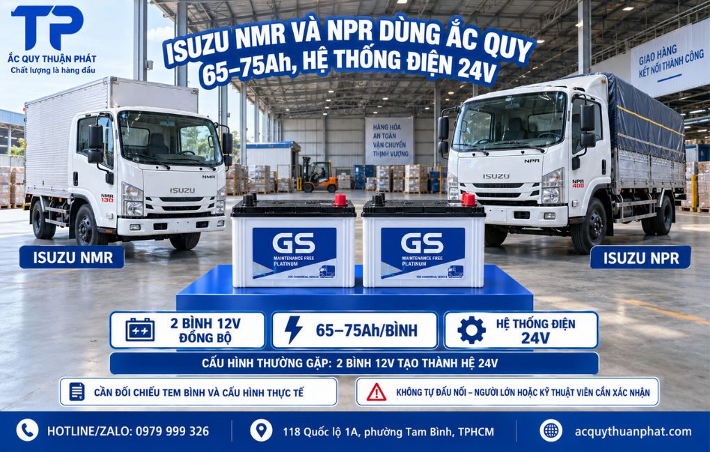 Isuzu NMR và NPR dùng ắc quy 65 - 75AH hệ thống điện 24V