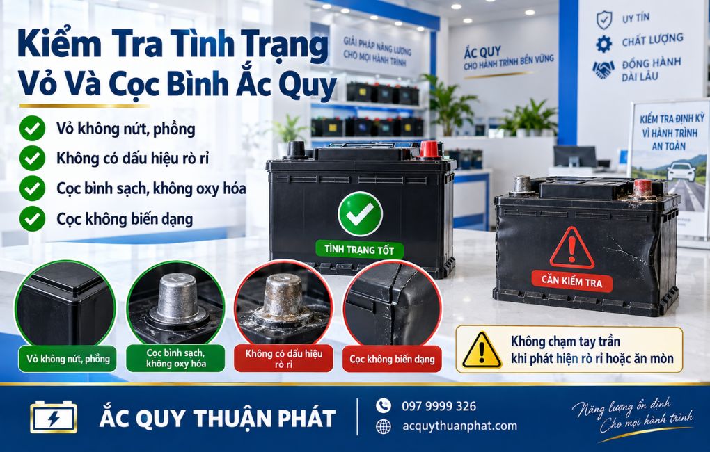 Kiểm tra tình trạng vỏ và cọc bình ắc quy