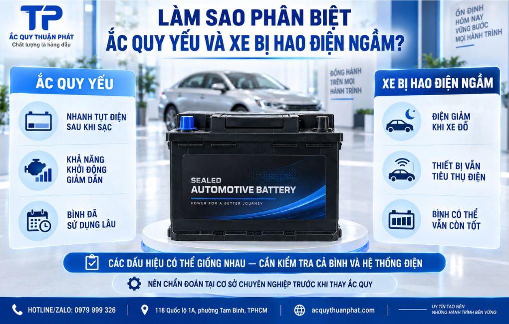 Làm sao phân biệt ắc quy yếu và xe bị hao điện ngầm