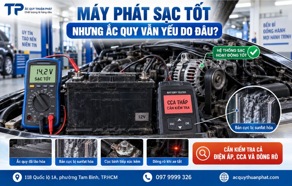 Máy phát sạc tốt nhưng ắc quy vẫn yếu do đâu