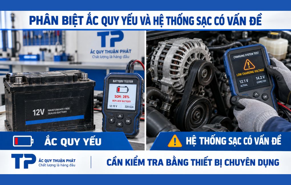 Phân biệt ắc quy yếu và hệ thống sạc có vấn đề