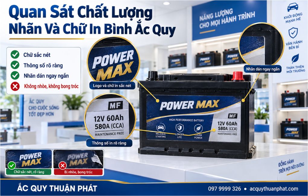 Quan sát chất lượng nhãn và chữ in bình ắc quy