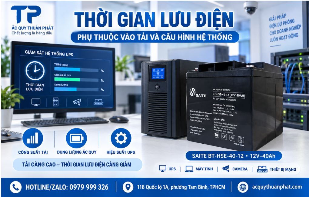 Thời gian lưu điện phụ thuộc vào tải và cấu hình hệ thống