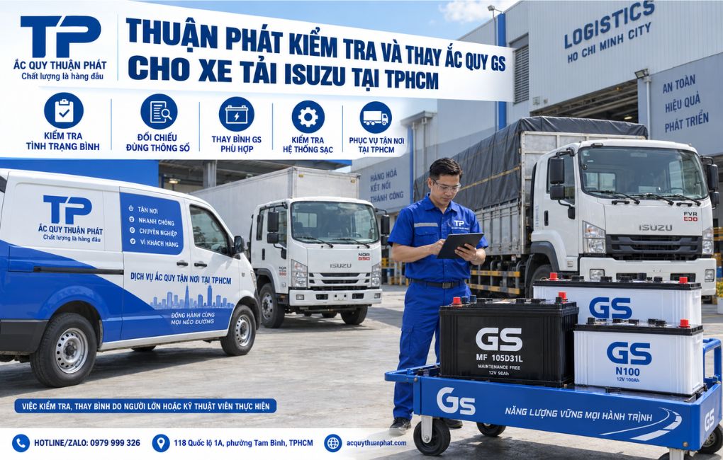 Thuận Phát kiểm tra và thay thế ắc quy GS cho xe tải Isuzu tại TPHCM
