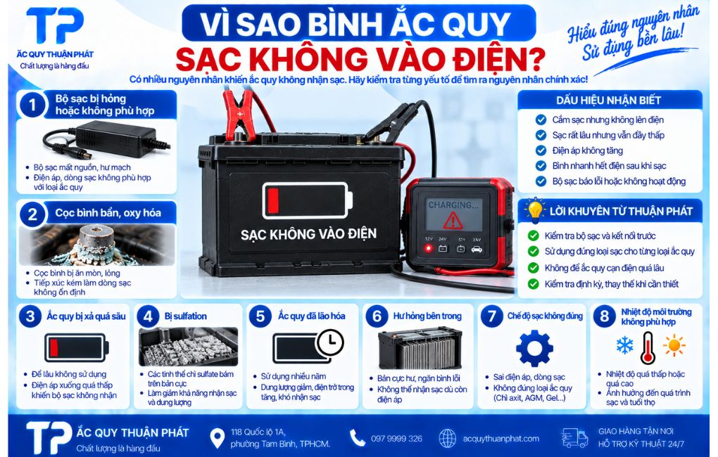 Vì sao bình ắc quy sạc không vào điện