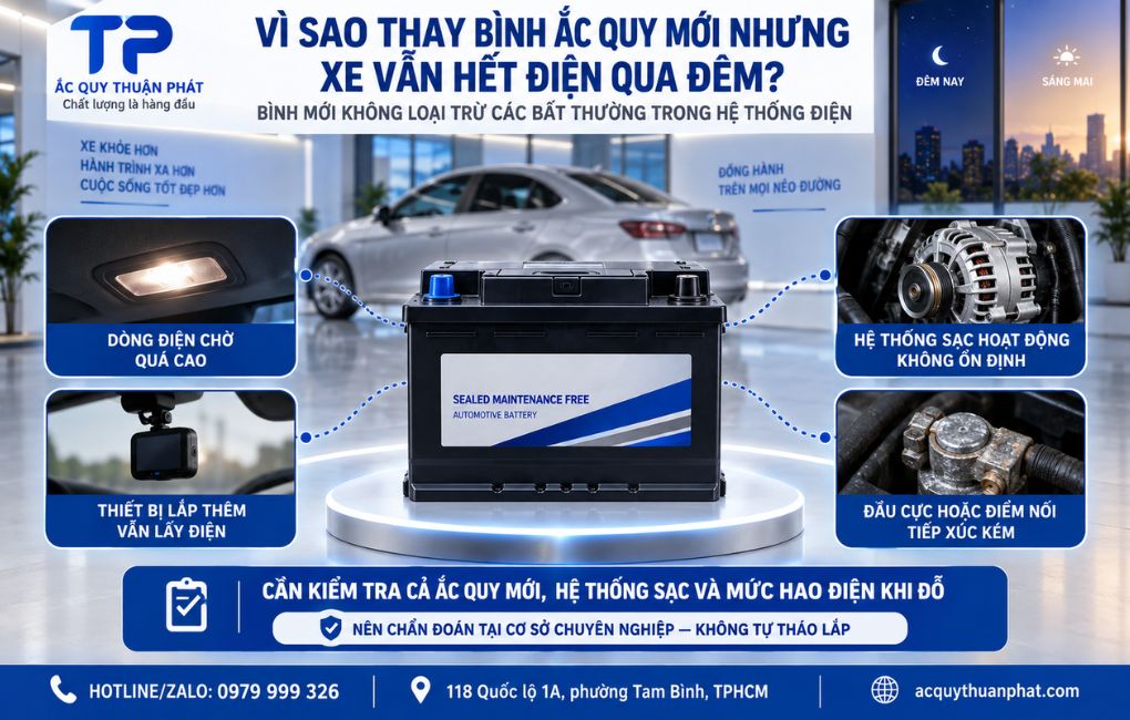 Vì sao thay bình ắc quy mới nhưng xe vẫn hết điện qua đêm