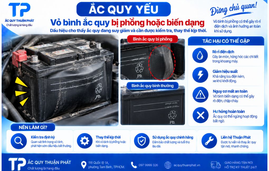 Vỏ bình ắc quy bị phồng hoặc biến dạng