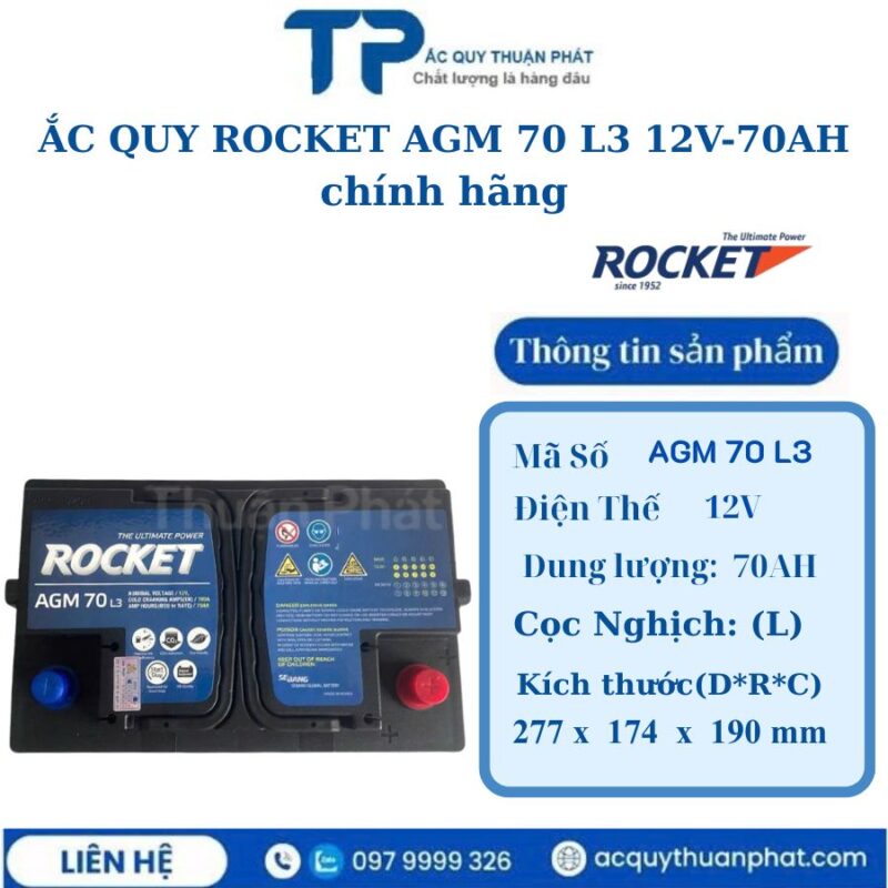 Ắc Quy Rocket AGM 70 L3 12V-70AH chính hãng