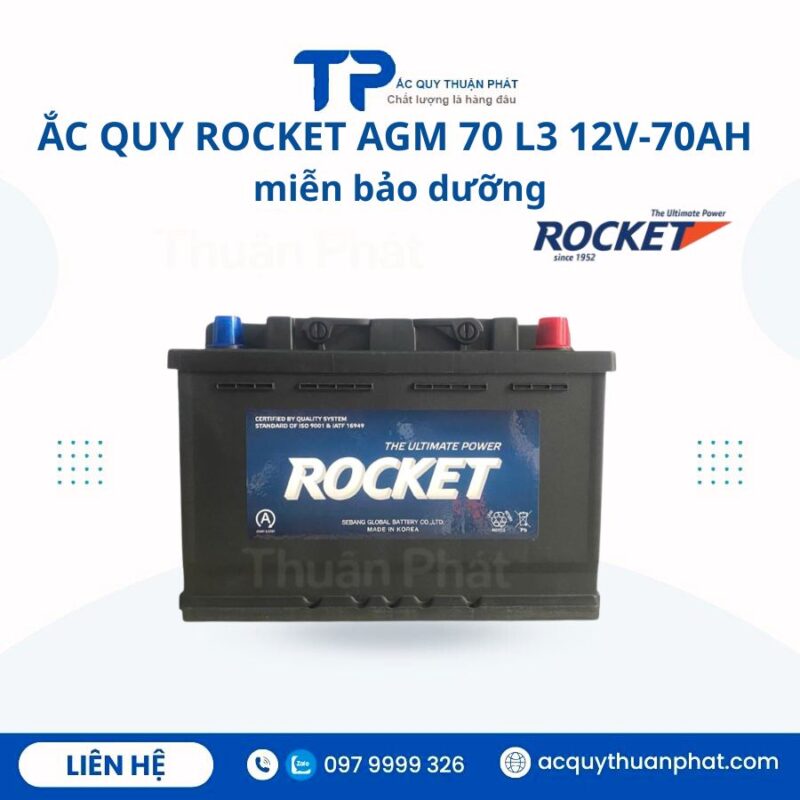 Ắc Quy Rocket AGM 70 L3 12V-70AH miễn bảo dưỡng