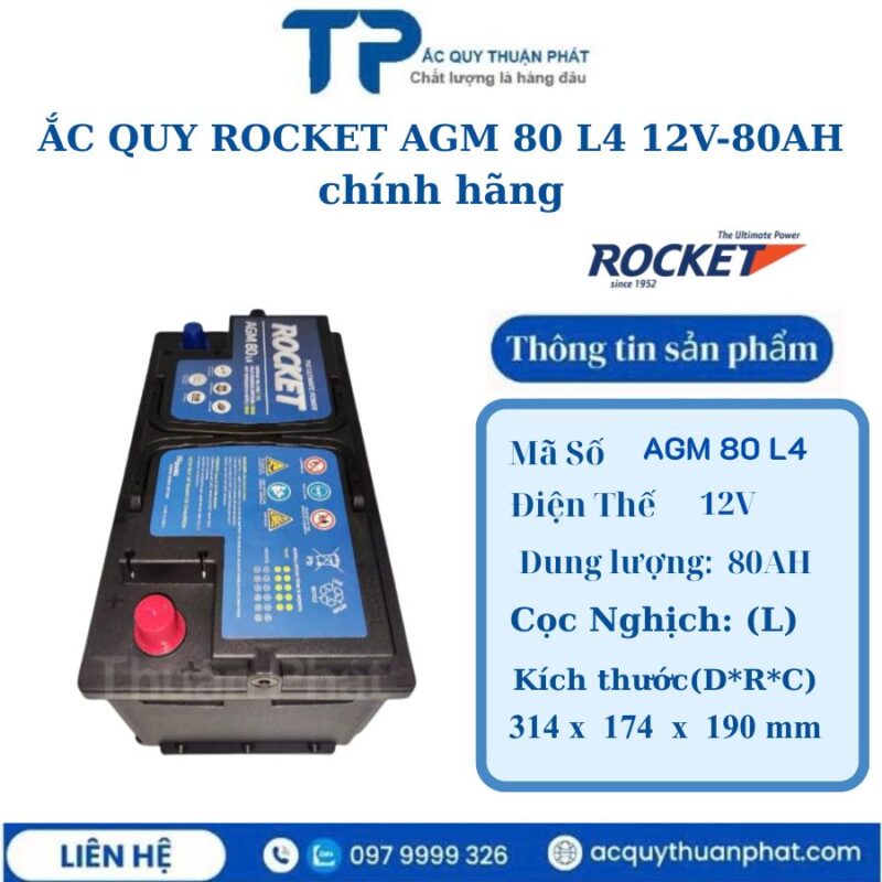 Ắc Quy Rocket AGM 80 LN4 12V-80AH chính hãng