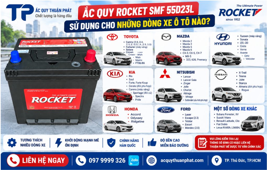 Ắc Quy Rocket SMF 55D23L sử dụng cho những dòng xe ô tô nào