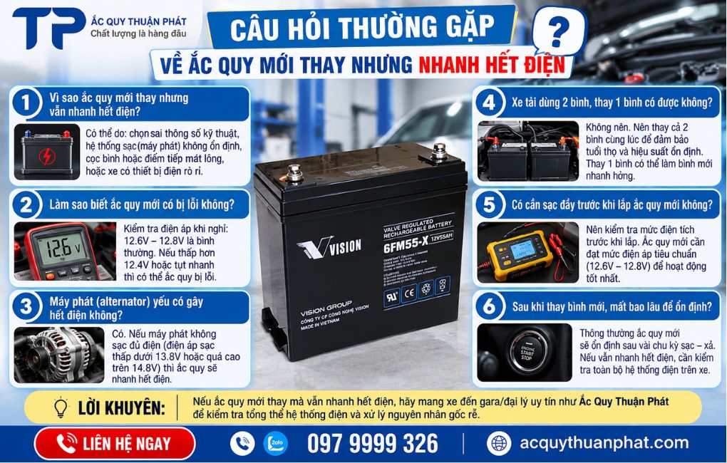 Câu hỏi thường gặp về ắc quy mới thay nhưng nhanh hết điện