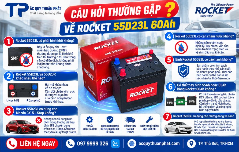 Câu hỏi thường gặp về Rocket 55D23L 60AH