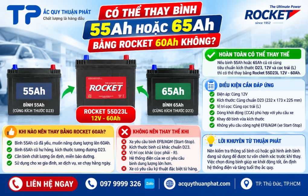 Có thể thay bình 55AH hoặc 65AH bằng Rocket 60AH không