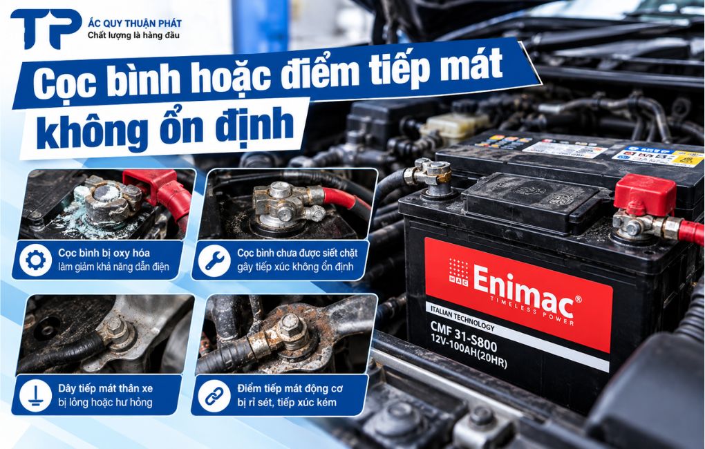 Cọc bình hoặc điểm tiếp mát không ổn định