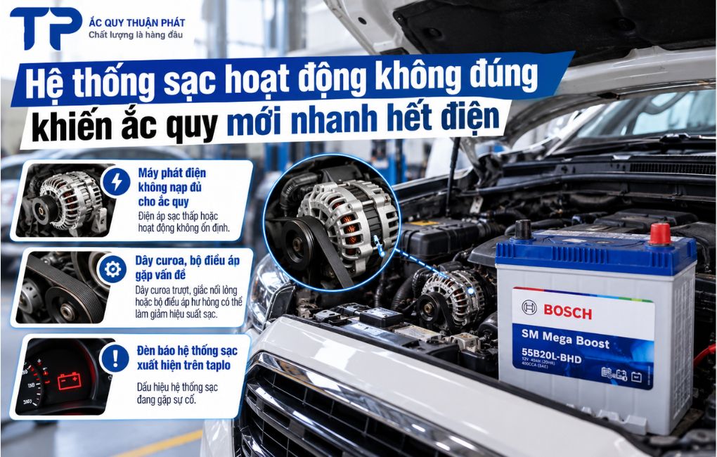 Hệ thống sạc hoạt động không đúng khiến ắc quy mới nhanh hết điện