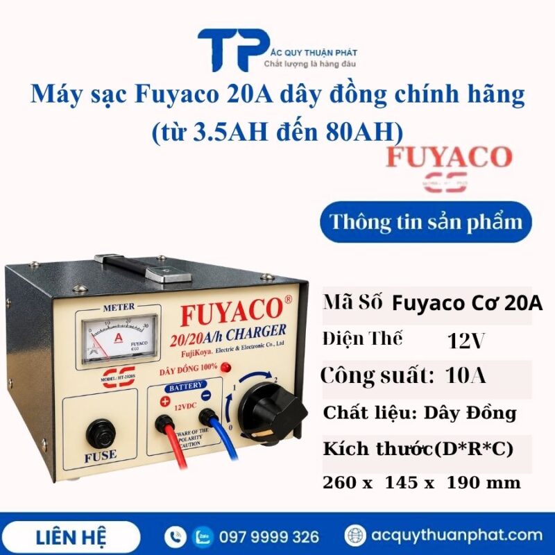 Máy sạc Fuyaco 20A dây đồng từ 3,5AH đến 80AH