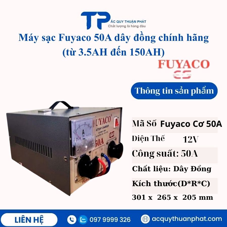 Máy sạc Fuyaco 50A dây đồng sạc từ 3.5AH đến 150AH