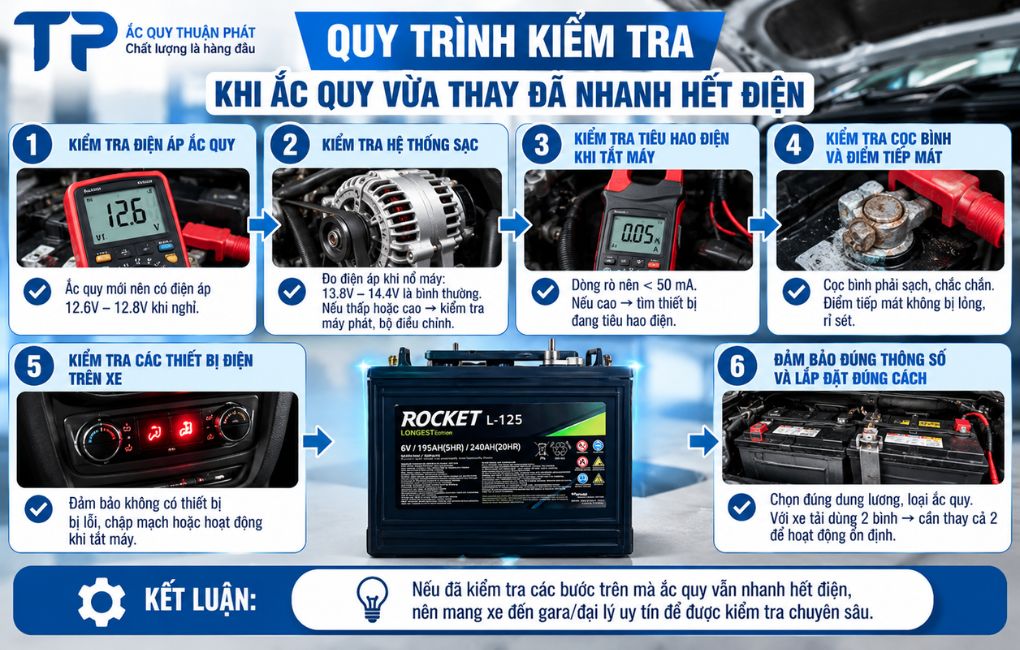 Quy trình kiểm tra khi ắc quy vừa thay đã nhanh hết điện