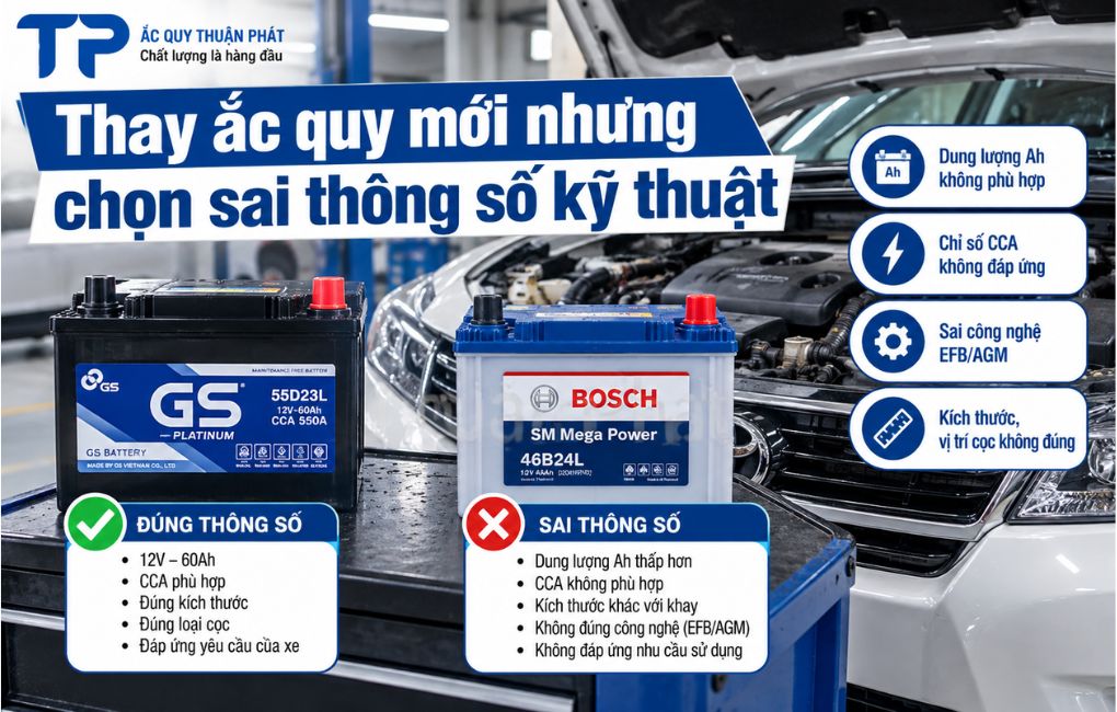 Thay ắc quy mới nhưng chọn sai thông số kỹ thuật