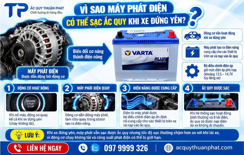 Vì sao máy phát điện có thể sạc ắc quy khi xe đứng yên
